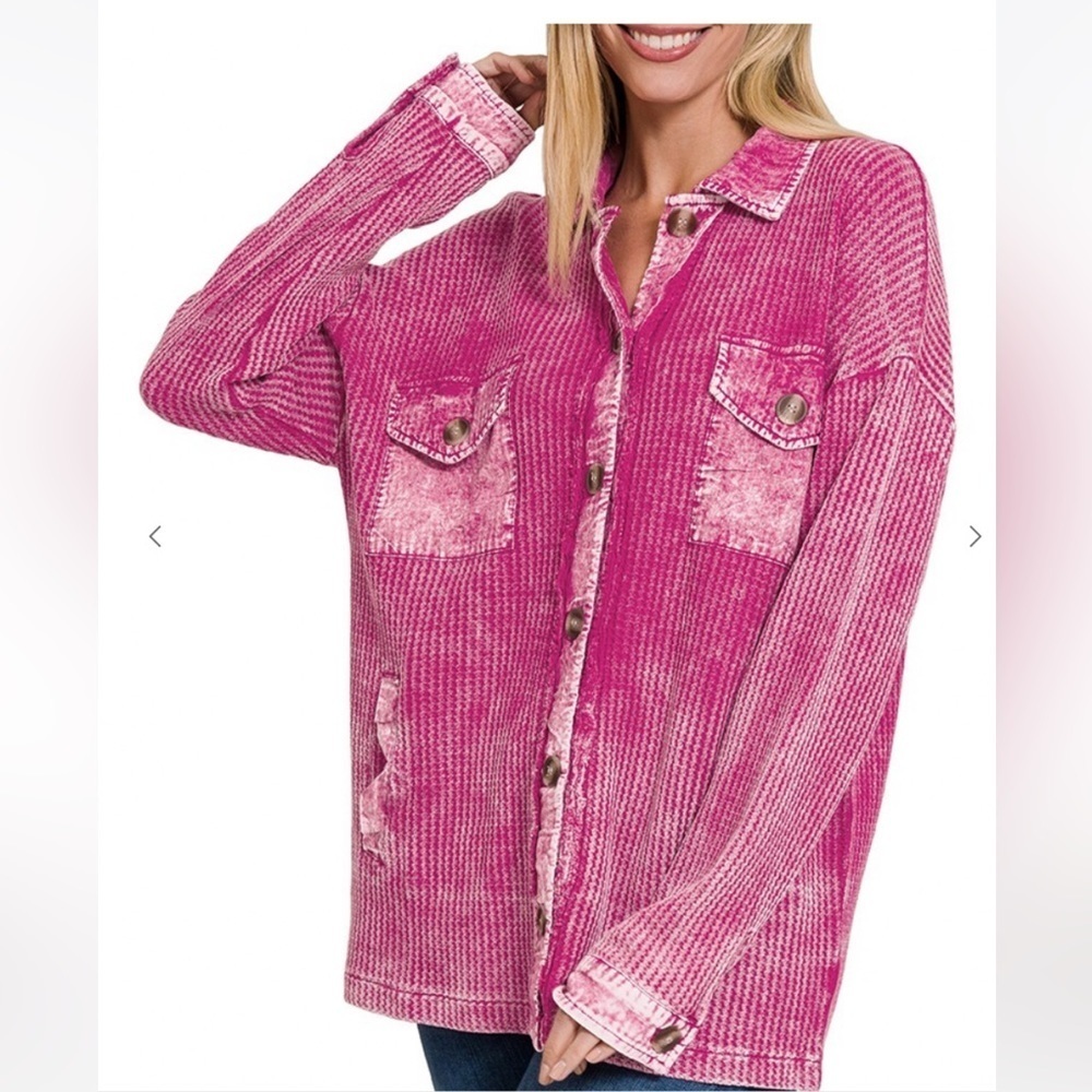 Zenana cotton waffle acid washed shacket in magenta